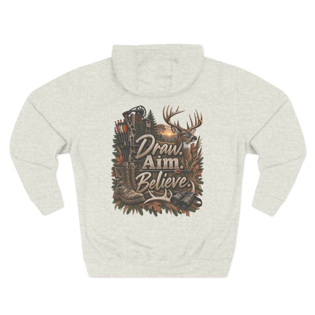 Draw Aim Believe Hoodie — Hunting Deer Graphic Fleece Pullover