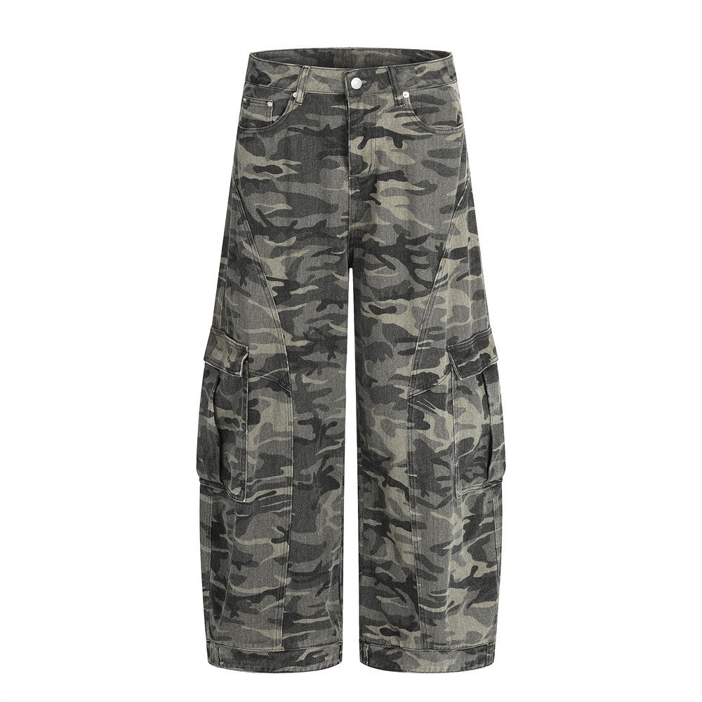Men's Camo Workwear Cargo Pants – Distressed Denim Loose Fit Trousers