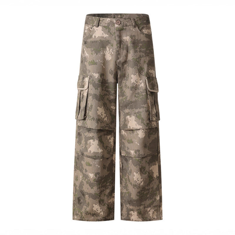 Men's Camo Multi-Pocket Work Pants – Loose Fit Denim Cargo Trousers