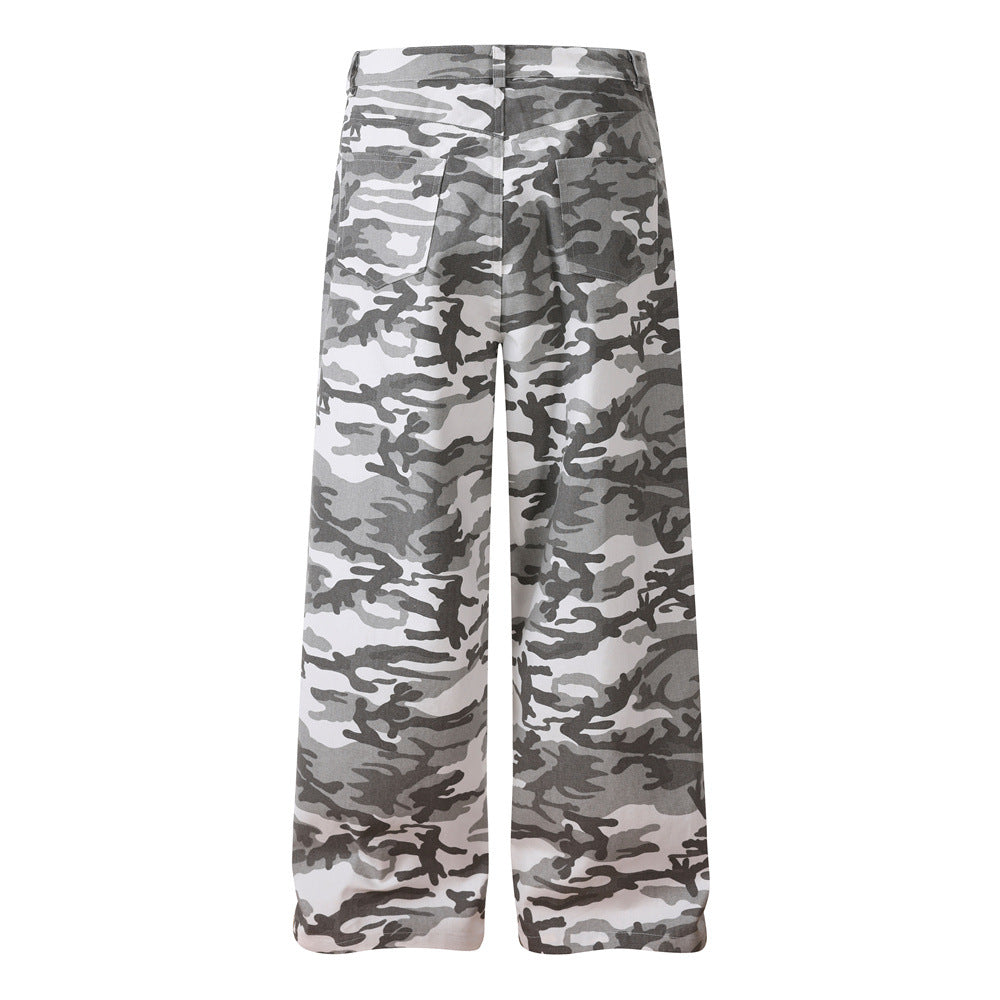Men's Wide Leg Camo Pants – Loose Fit Gray Camouflage Cotton Trousers