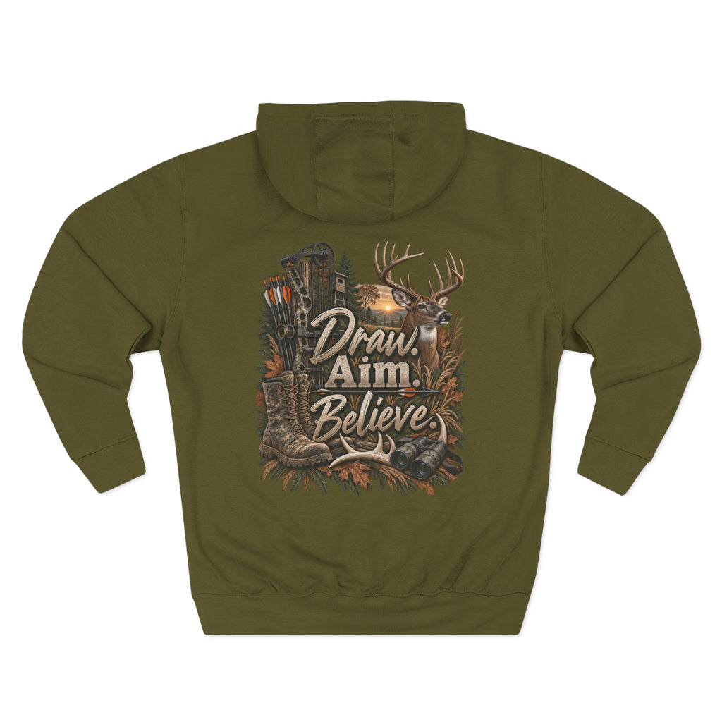 Draw Aim Believe Hoodie — Hunting Deer Graphic Fleece Pullover