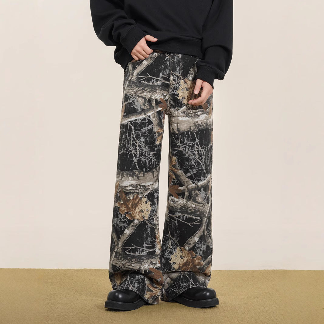 Men's Camo Denim Pants – Loose Straight Leg Carpenter Trousers