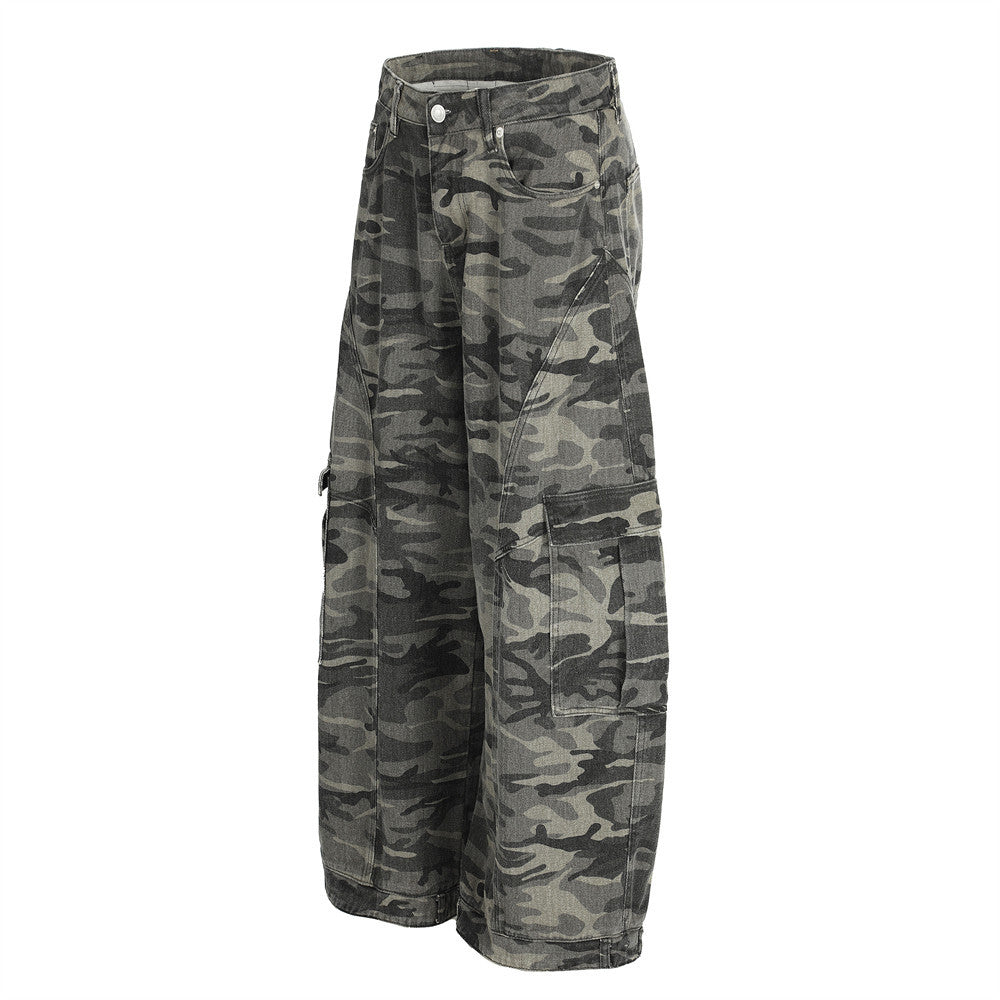 Men's Camo Workwear Cargo Pants – Distressed Denim Loose Fit Trousers