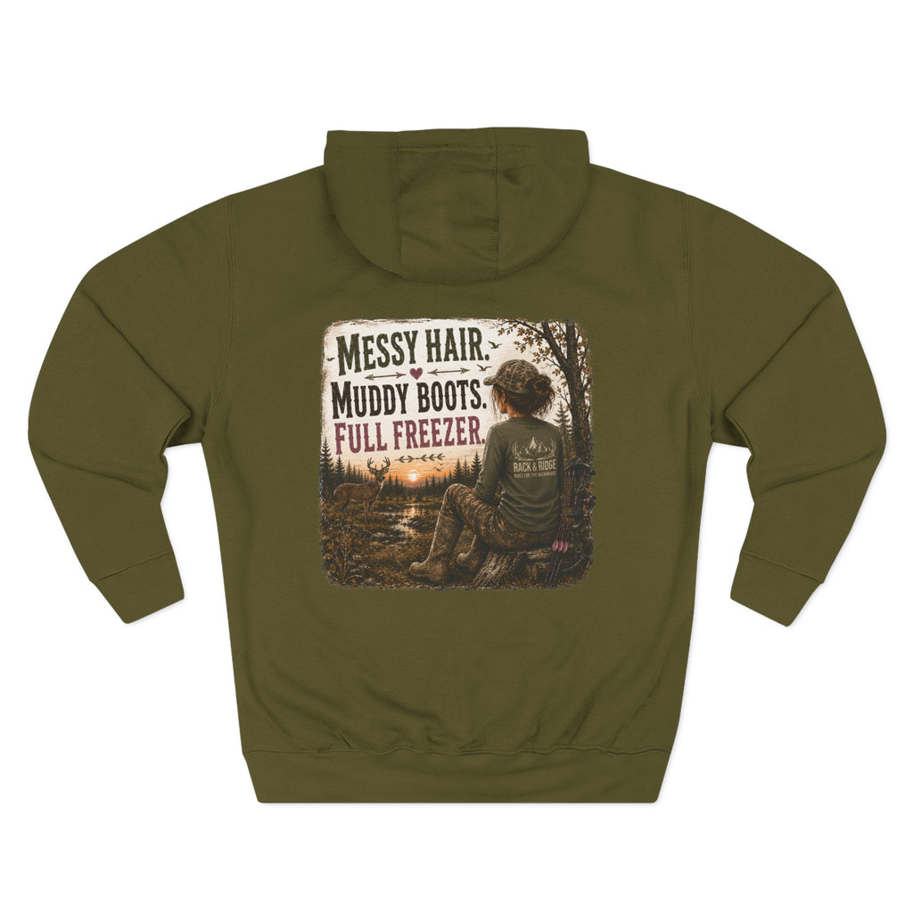 Hoodie - "Messy Hair, Muddy Boots, Full Freezer" Outdoor Cozy Fleece Hoodie