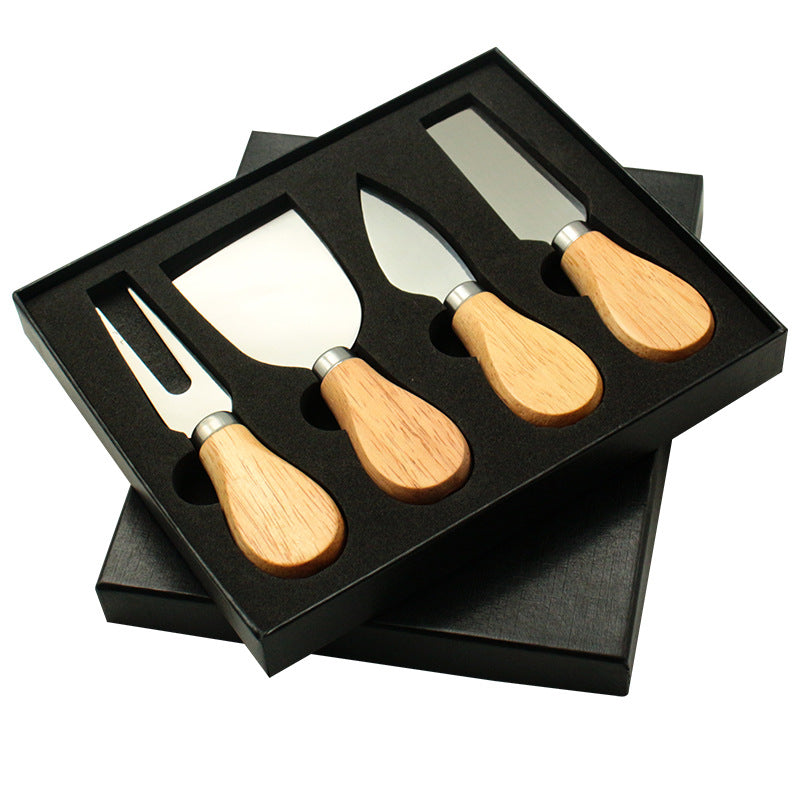 Stainless Steel Simple Ins Style Cheese Knife Fork Cheese Butter Knife Pizza Oak Handle Baking Tool Gift Box Set