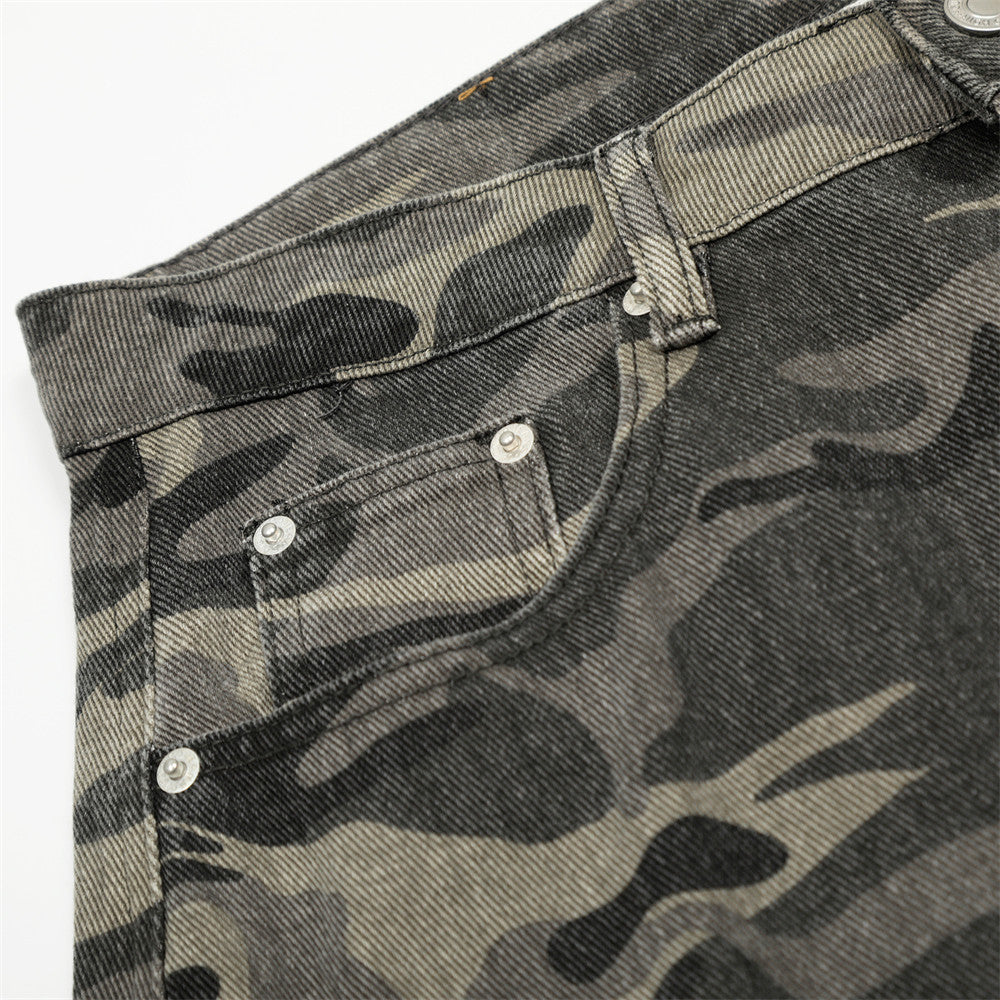 Men's Camo Workwear Cargo Pants – Distressed Denim Loose Fit Trousers