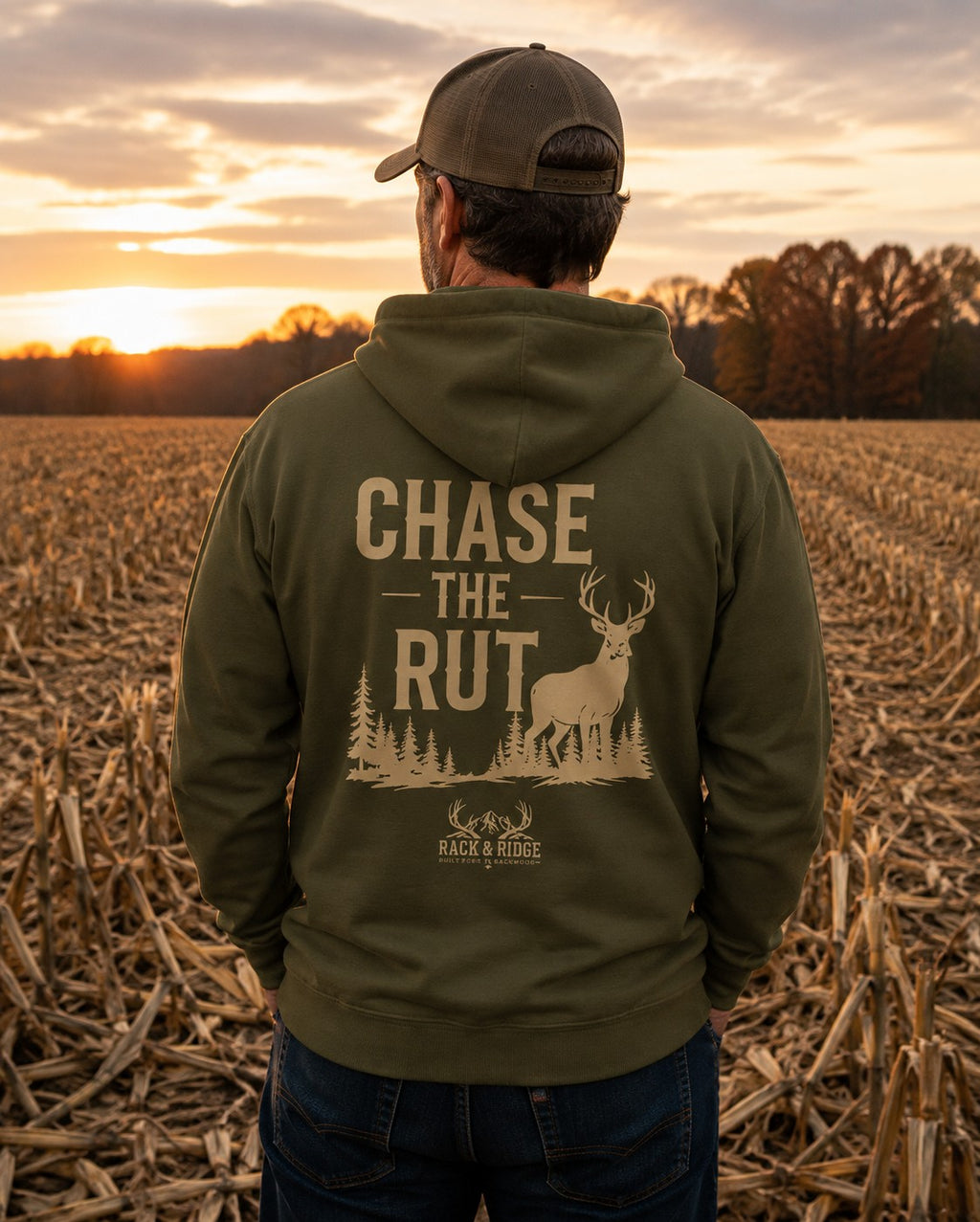 "Chase the Rut" | Rack & Ridge Hoodie — Tan