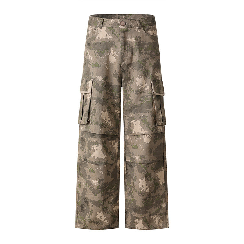 Men's Camo Multi-Pocket Work Pants – Loose Fit Denim Cargo Trousers