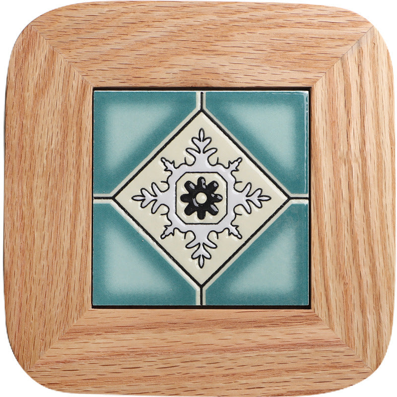 Japanese Oak Tile Trivet & Pot Mat – Solid Wood Floral Insulation Mat for Dining Table
