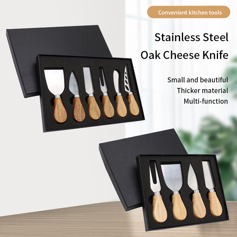 Stainless Steel Simple Ins Style Cheese Knife Fork Cheese Butter Knife Pizza Oak Handle Baking Tool Gift Box Set