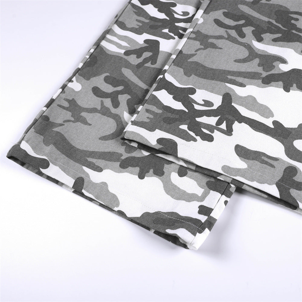 Men's Wide Leg Camo Pants – Loose Fit Gray Camouflage Cotton Trousers