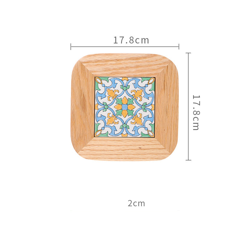 Japanese Oak Tile Trivet & Pot Mat – Solid Wood Floral Insulation Mat for Dining Table