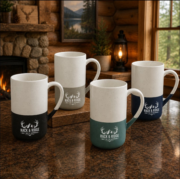 Speckled Ceramic Mug - Rack & Ridge Engraved Hunting Logo, 13oz